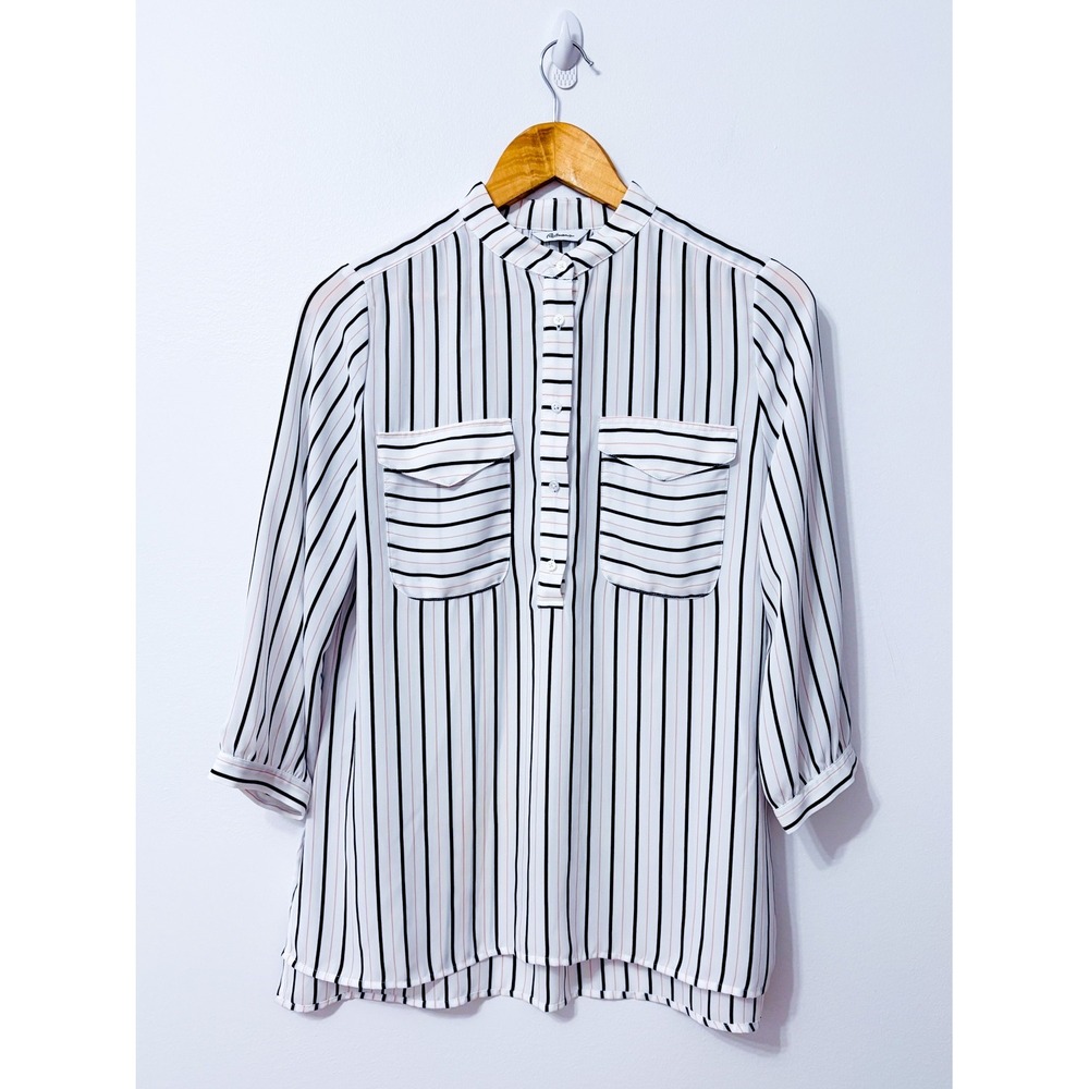 REITMANS White Black Striped Button Front Tunic Blouse High Low Hem Small